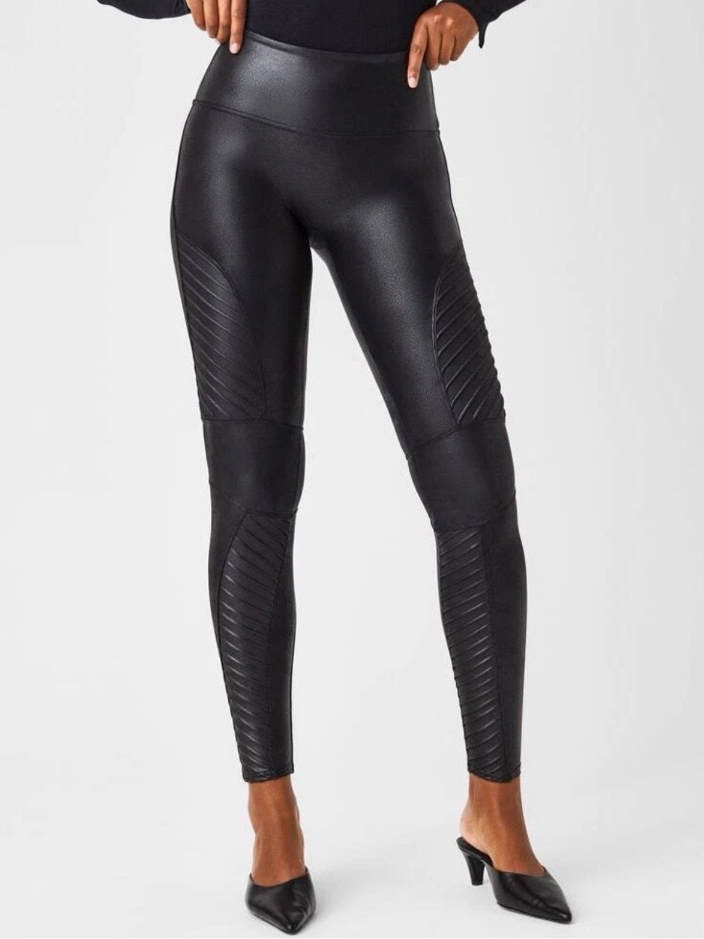 SPANX Faux Leather Moto Leggings Black Size Small S High Waist Ribbed Biker